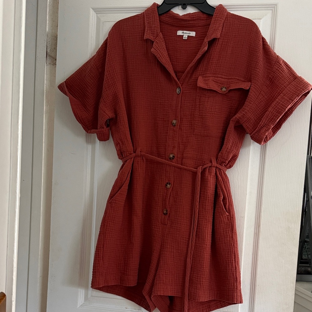 Madewell comfortable rust colored Button-Up Romper.